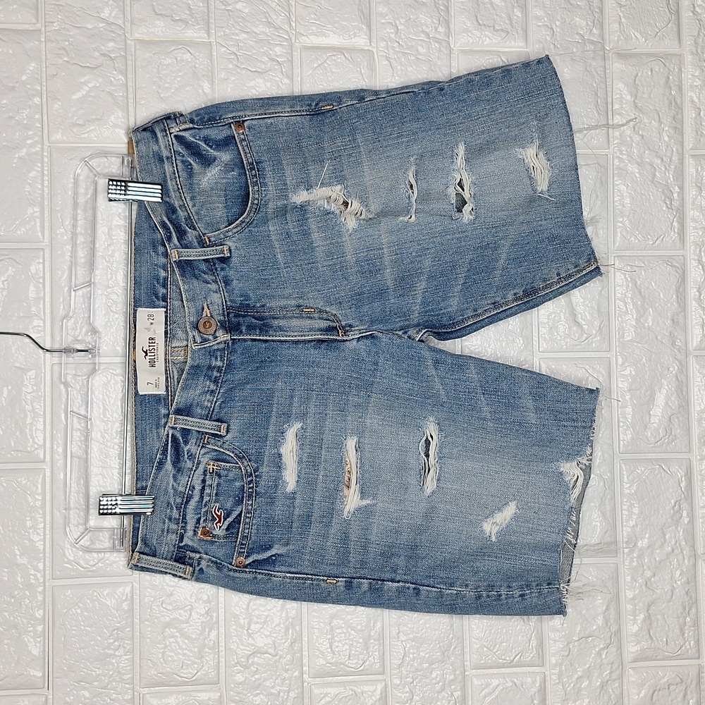 HOLLISTER Y2K Distressed Bermuda Jean Denim Shorts 100% Cotton Floral Pocket…